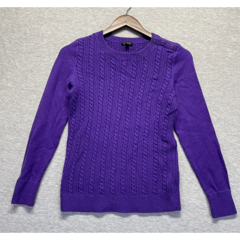 Talbots Sweater Womens XS Purple Cotton Cable Knit Functional Button Shoulder